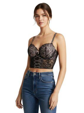 Lace Longline Bustier Bra Top - Black